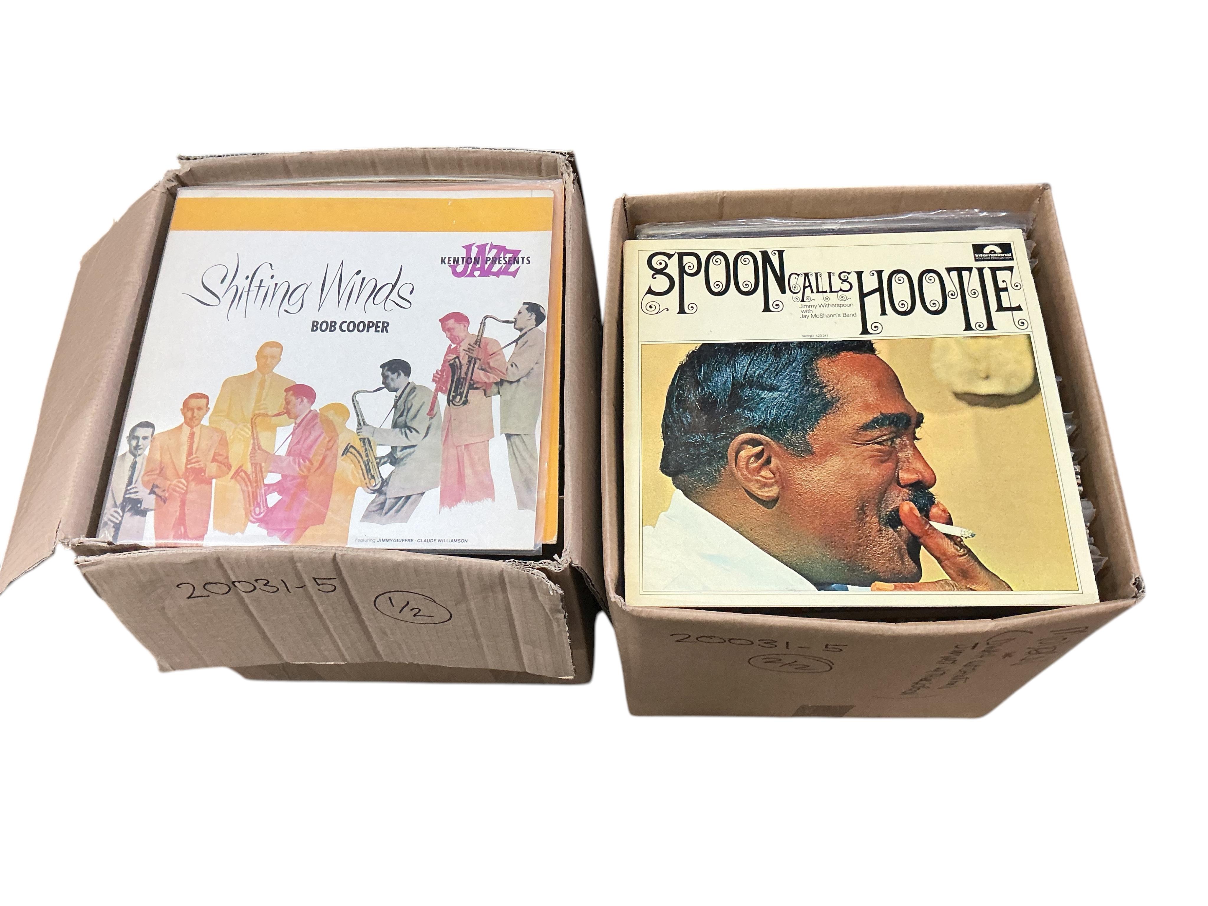 Two boxes of jazz LP record albums, artists including; Ray Charles, Jimmy Witherspoon, Esther Phillips, Dinah Washington, Count Basie, Bud Powell, Herbie Mann, Jack Sheldon, Oscar Peterson, etc.